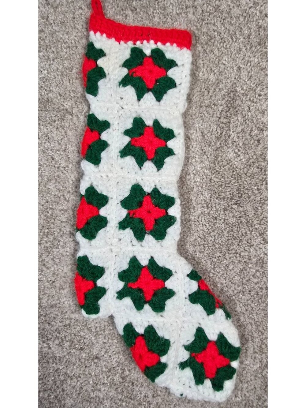 Vintage Granny Square Christmas Stocking Handmade Nostalgic Red Green White 16"